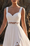 Vestido de Noiva Maxi de Renda Branco, Corte A, Cortado em Renda, com Aplicações