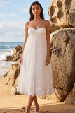 Vestido de Noiva branco A-Line A-Line, Franzado, com comprimento de chá, em tule e aplicações