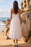 Vestido de Noiva branco A-Line A-Line, Franzado, com comprimento de chá, em tule e aplicações