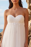 Vestido de Noiva branco A-Line A-Line, Franzado, com comprimento de chá, em tule e aplicações