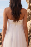 Vestido de Noiva branco A-Line A-Line, Franzado, com comprimento de chá, em tule e aplicações