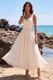 Vestido de Noiva Midi branco A-Line A-Line Plissado em Chiffon com decote em V