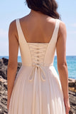 Vestido de Noiva Midi branco A-Line A-Line Plissado em Chiffon com decote em V