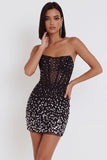 Vestido de cocktail curto corset preto bodycon sem alças com strass