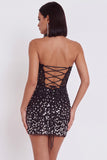 Vestido de cocktail curto corset preto bodycon sem alças com strass