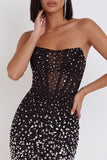 Vestido de cocktail curto corset preto bodycon sem alças com strass