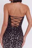 Vestido de cocktail curto corset preto bodycon sem alças com strass