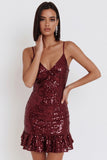 Vestido de cocktail curto com alças finas com lantejoulas cor de lantejoulas Borgonha