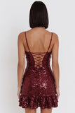 Vestido de cocktail curto com alças finas com lantejoulas cor de lantejoulas Borgonha