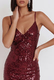 Vestido de cocktail curto com alças finas com lantejoulas cor de lantejoulas Borgonha