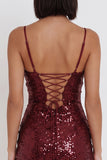Vestido de cocktail curto com alças finas com lantejoulas cor de lantejoulas Borgonha