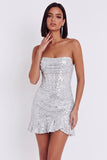 Vestido de cocktail curto bodycon sem alças com espartilho prateado e folhos