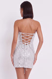 Vestido de cocktail curto bodycon sem alças com espartilho prateado e folhos
