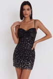 Vestido de cocktail preto Bodycon com alças finas e laço brilhante com strass