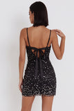 Vestido de cocktail preto Bodycon com alças finas e laço brilhante com strass