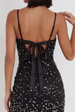 Vestido de cocktail preto Bodycon com alças finas e laço brilhante com strass