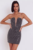 Vestido de cocktail preto bodycon sem alças sem lantejoulas em tule
