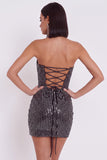 Vestido de cocktail preto bodycon sem alças sem lantejoulas em tule