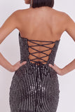 Vestido de cocktail preto bodycon sem alças sem lantejoulas em tule