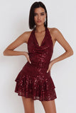 Vestido de cocktail curto sem costas com lantejoulas Borgonha com lantejoulas em camadas com folhos