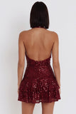 Vestido de cocktail curto sem costas com lantejoulas Borgonha com lantejoulas em camadas com folhos