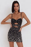 Vestido de cocktail curto com contas cortadas com Bodycon Preto e Straps