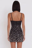 Vestido de cocktail curto com contas cortadas com Bodycon Preto e Straps
