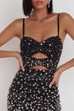 Vestido de cocktail curto com contas cortadas com Bodycon Preto e Straps
