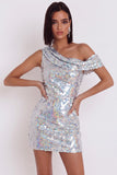 Vestido de cocktail Bodycon com Lantejoulas Prateadas Brilhantes Assimétrico de um ombro curto