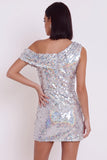 Vestido de cocktail Bodycon com Lantejoulas Prateadas Brilhantes Assimétrico de um ombro curto