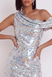 Vestido de cocktail Bodycon com Lantejoulas Prateadas Brilhantes Assimétrico de um ombro curto
