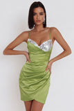 Vestido de cocktail curto sem alças e franzido Dusty Sage Bodycon com lantejoulas