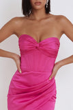 Vestido de cocktail curto de cocktail corset de cetim cetim sem alças e franzido corset fúcsia
