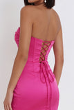 Vestido de cocktail curto de cocktail corset de cetim cetim sem alças e franzido corset fúcsia