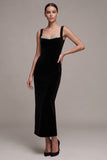 Vestido preto de veludo comprido Sweetheart com strass