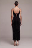 Vestido preto de veludo comprido Sweetheart com strass