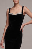 Vestido preto de veludo comprido Sweetheart com strass