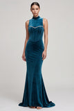 Vestido de veludo longo de veludo com espartilho azul pavão, espartilho azul pavão,