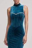 Vestido de veludo longo de veludo com espartilho azul pavão, espartilho azul pavão,