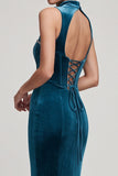 Vestido de veludo longo de veludo com espartilho azul pavão, espartilho azul pavão,
