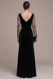 Vestido preto A-Line Sweetheart de mangas compridas em veludo Maxi com bordado