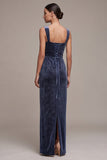 Vestido longo de veludo com decote quadrado de decote azul poeirento, vestido longo de veludo com missangas
