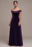 Vestido Maxi de Veludo de Cetim A-Line Plum Off the Shoulder
