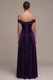 Vestido Maxi de Veludo de Cetim A-Line Plum Off the Shoulder
