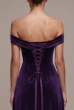 Vestido Maxi de Veludo de Cetim A-Line Plum Off the Shoulder
