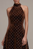 Vestido de veludo A-Line High-Low com capças de café com bordas