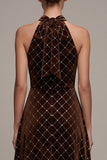 Vestido de veludo A-Line High-Low com capças de café com bordas