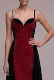 Vestido de veludo Maxi de Veludo A-Line Sheath com alças finas vermelhas e pretas