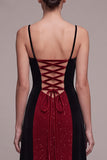 Vestido de veludo Maxi de Veludo A-Line Sheath com alças finas vermelhas e pretas