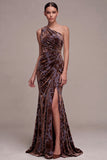 Vestido Maxi Veludo Floral Franzido de Um Ombro em Veludo Castanho Ameixa com Fenda Lateral